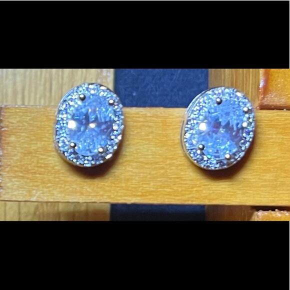 Simulated Diamond Oval Stud Earrings in Silvertone 3 ctw. Inspired by the halo - Picture 2 of 6